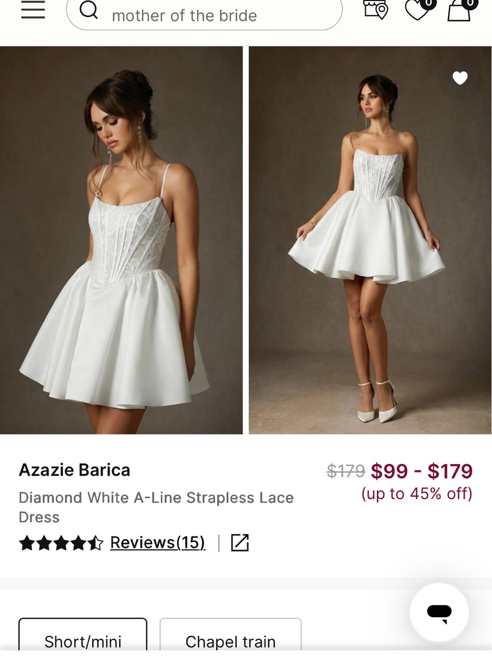 Azazie White Strapless A-Line Lace Bodice Short Dress